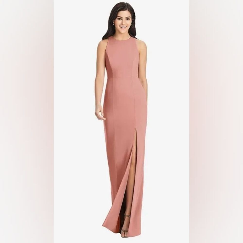 Dessy Collection Desert Rose Crepe Open Back Front Slit Maxi Gown - Size 4 - NWT